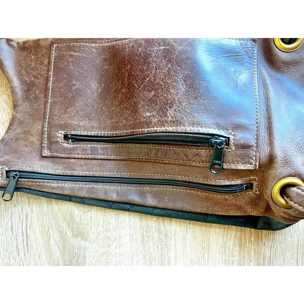 Genuine Rustic Leather Sling Day Backpack Messenger Zipper Pockets‎ Compass